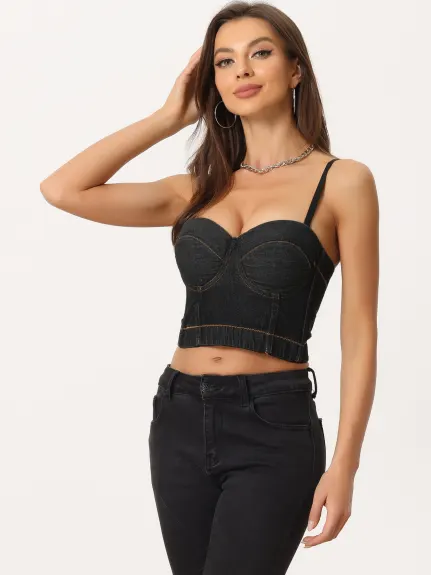 Allegra K - Denim Push Up Crop Bustier Top