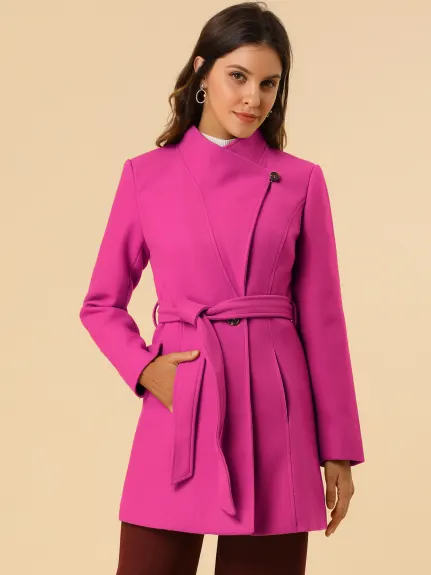 Allegra K- Classic Stand Collar Belted Long Coat