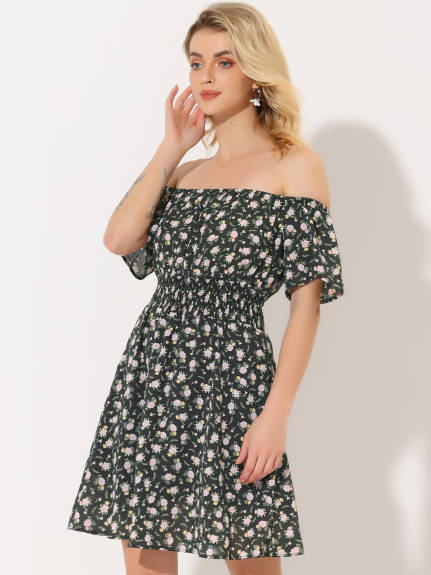 Allegra K- Ditsy Floral Off Shoulder A-Line Smocked Dress