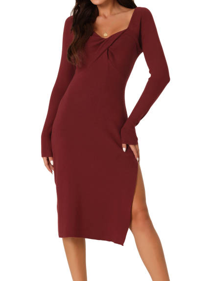 Allegra K- Slit Hem Sweetheart Neck Ribbed Knit Midi Sweater Dress