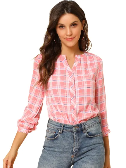 Allegra K- Plaid V Neck Long Sleeve Blouse Shirt