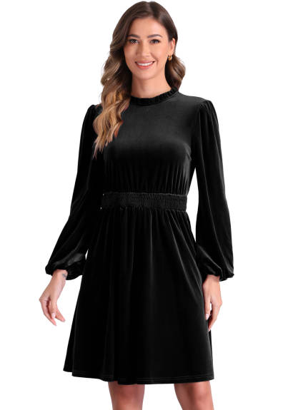 Allegra K - Velvet Smocked Waistline Long Sleeve Dress