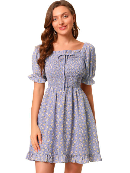 Allegra K- Puff Sleeve Square Neck Ruffled Hem Floral Smocked Dress