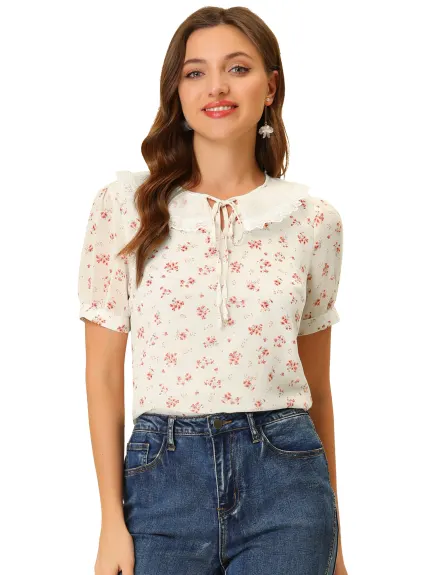 Allegra K - Lace Collar Tie Neck Summer Floral Chiffon Top