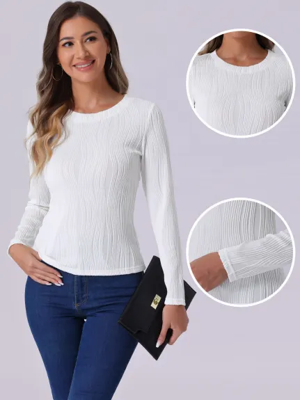 Allegra K - Solid Round Neck Long Sleeve Blouse