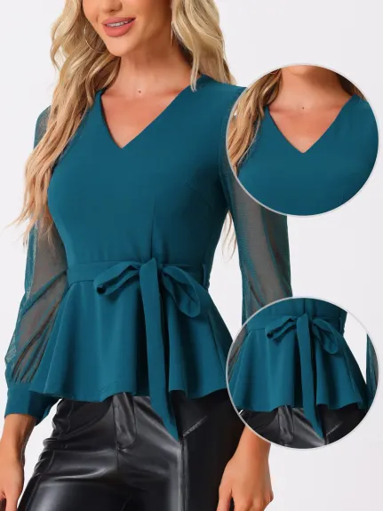 Allegra K - Mesh Long Sleeve Peplum Top with Belt