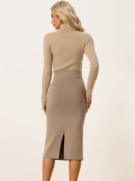 Allegra K - Stretchy Rib Knit Slit Pencil Skirt