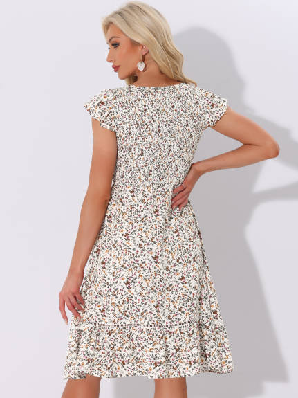 Allegra K - Fit and Flare Floral Midi Smocked Dress