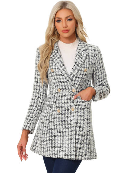 Allegra K - Manteau élégant en tweed à carreaux à double boutonnage