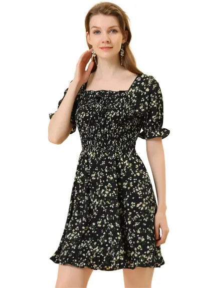 Allegra K- Puff Sleeve Square Neck Ruffled Hem Floral Smocked Dress