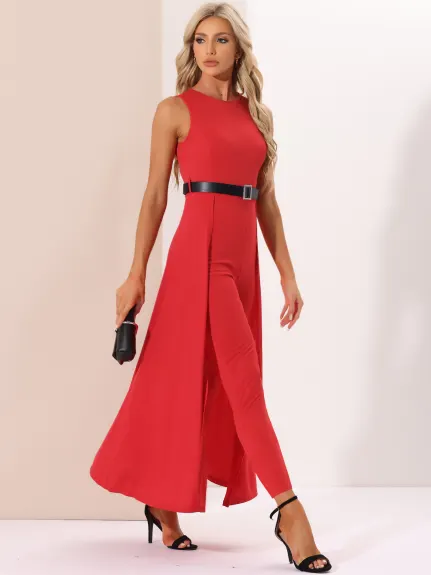 Allegra K - Overlay Elegant Sleeveless Belted Jumpsuit