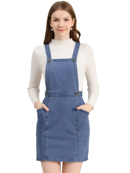 Allegra K- Overall Adjustable Strap A-Line Suspender Denim Dress