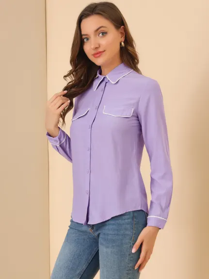 Allegra K - Elegant Long Sleeve Point Collar Shirt