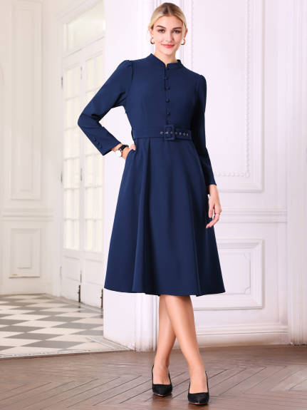 Hobemty - Mock Neck Belted A-Line Dress