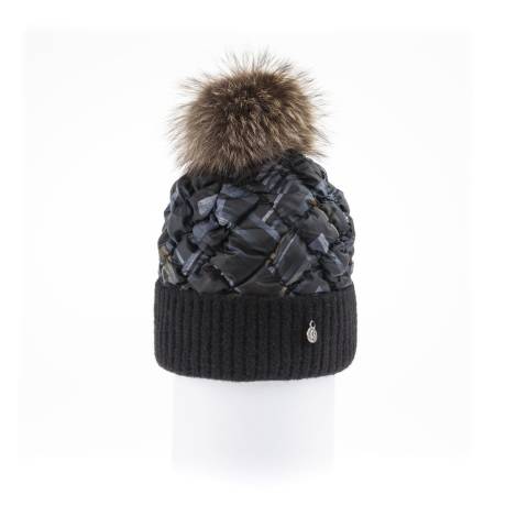 Harricana -  Puffer Beanie W Knitted Cuff And Upcycled Fur Pom