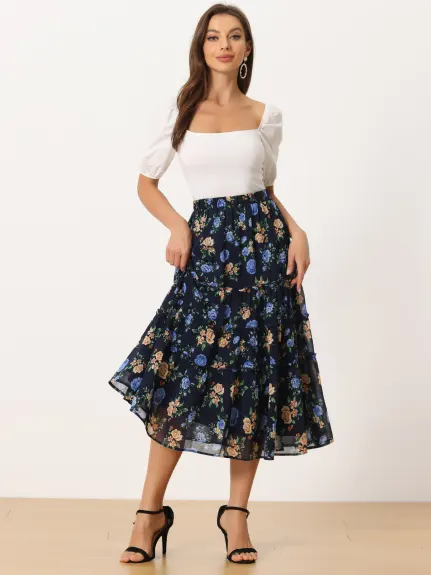 Allegra K- Floral Tiered A-Line Long Chiffon Skirt