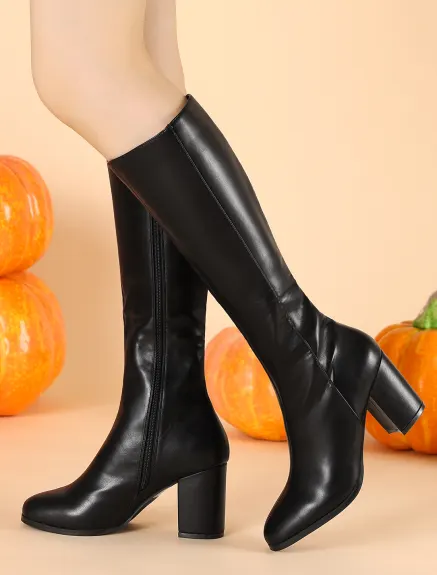 Allegra K - Round Toe Block Heels Knee High Boots