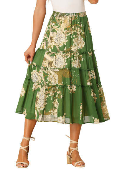 Allegra K- Floral Tiered A-Line Long Chiffon Skirt