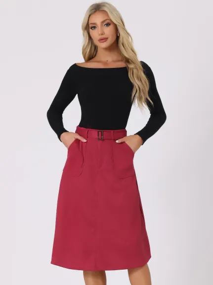 Allegra K- Faux Suede Pockets A-Line Midi Skirt