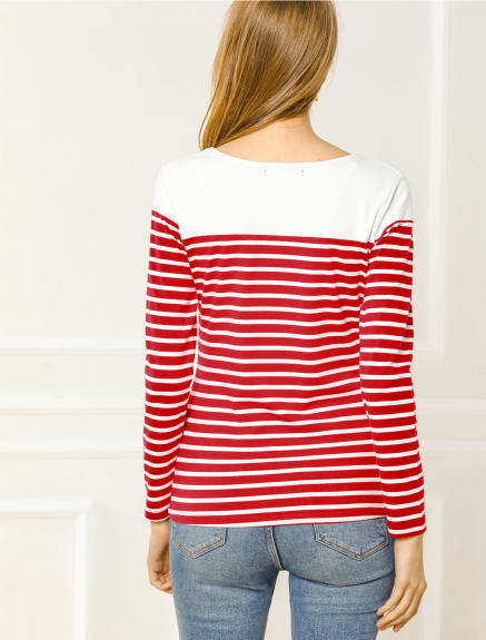 Allegra K- Color Block Long Sleeve Stripe T-Shirt