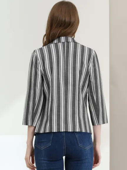 Allegra K- Casual Striped 3/4 Sleeves Open Front Notched Lapel Blazer