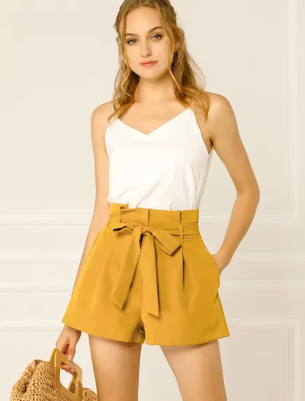 Allegra K- Bow Belt High Paper Bag Waist Shorts