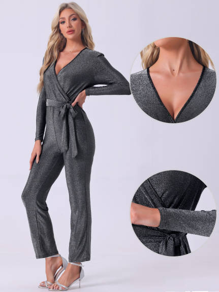 Allegra K - V-Neck Long Sleeve Belted Jumpsuit