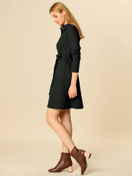 Allegra K- Half Placket Long Sleeve Belted Shirt Dress