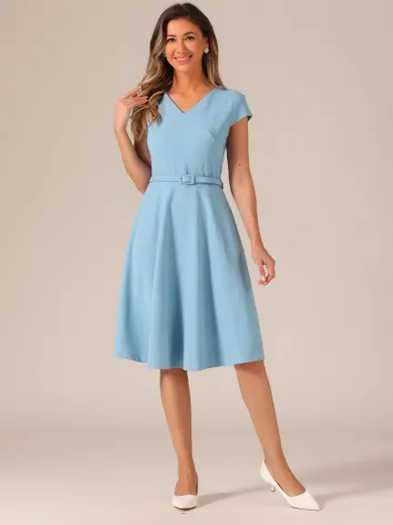 Allegra K - Belted V-Neck Cap Sleeve Knee Length Dress