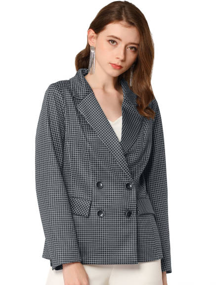 Allegra K- Gingham Double Breasted Open Front Blazer