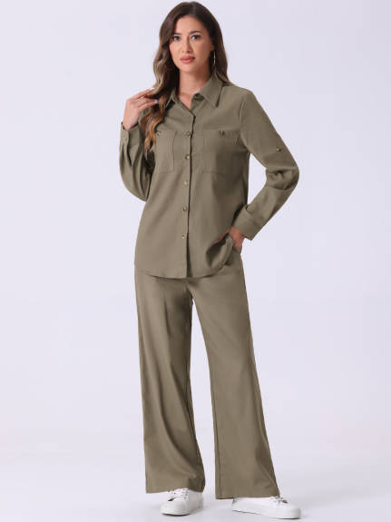 Allegra K - Button Down Shirt and Pants Linen Set