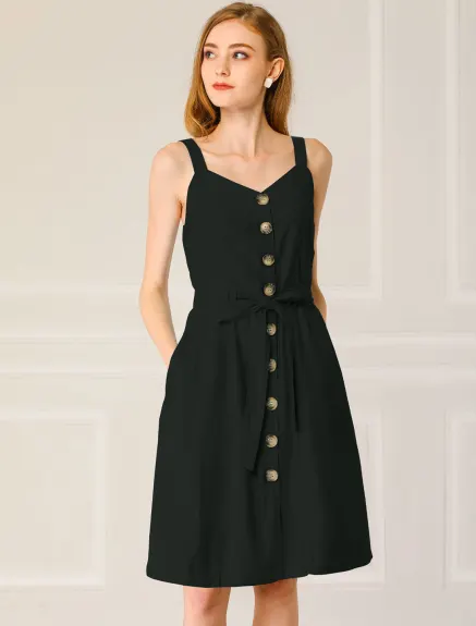 Allegra K- Belted Spaghetti Strap Button Dress