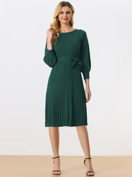 Allegra K- Knit Belted Crew Neck Lantern Sleeves Sweater Dress