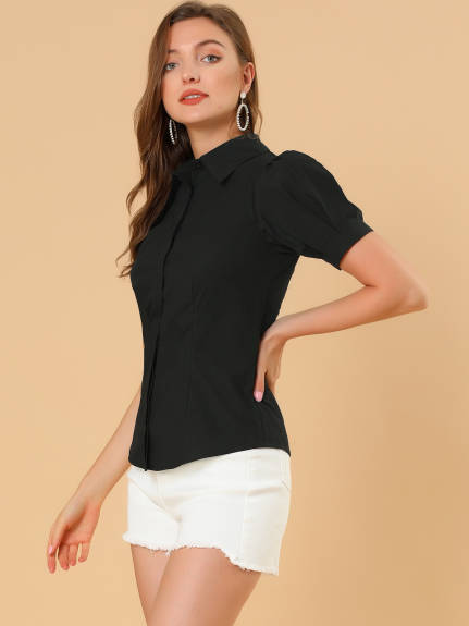 Allegra K- Puff Sleeve Collared Cotton Shirt