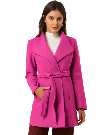 Allegra K- Classic Stand Collar Belted Long Coat