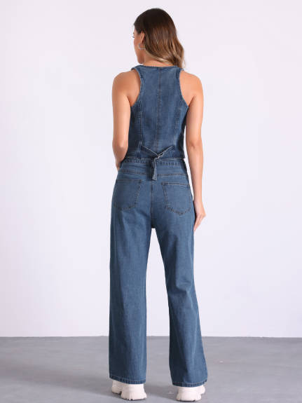 Allegra K- Sleeveless V-Neck Denim Vest Wide Leg Pants Suit