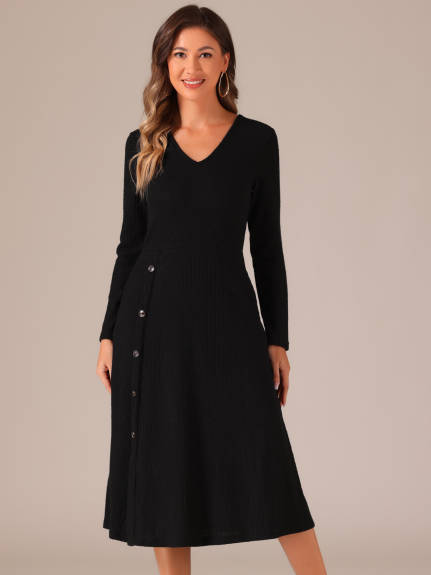 Allegra K - Long Sleeve Button Flowy Midi Dress