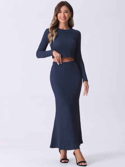 Allegra K - Long Sleeve Knit Crop Top Maxi Skirt Set