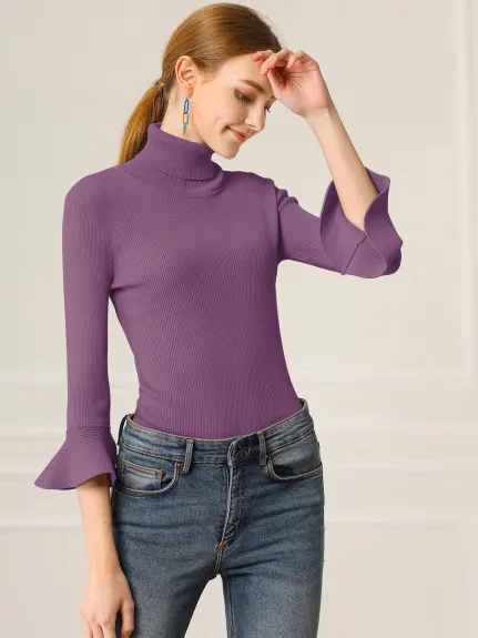 Allegra K- Turtle Neck 3/4 Ruffle Sleeves Pullover Slim Rib Knit Sweater