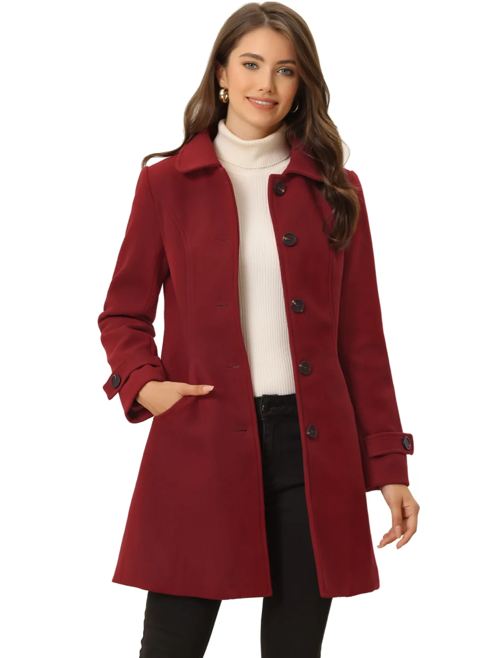 Allegra K- Peter Pan Collar Outwear Trench Peacoat