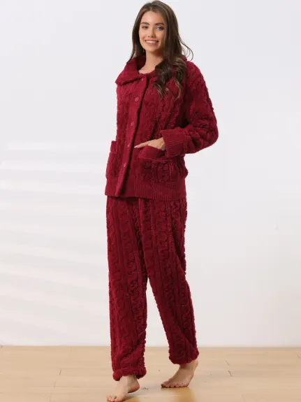 cheibear - Fluffy Fleece Button Down Winter Pajama Set