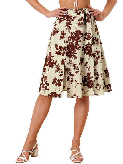 Allegra K- Slit Floral Belted A-Line Midi Skirt