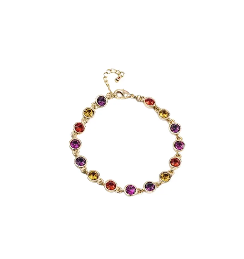 Goldtone Crystal Tennis Bracelet in Siam, Amethyst, and Topaz - callura