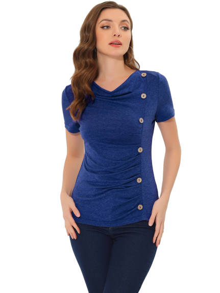 Allegra K - Cowl Neck Button Decor Ruched Top