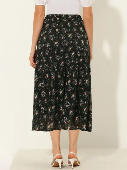 Allegra K- Floral Tiered A-Line Long Chiffon Skirt