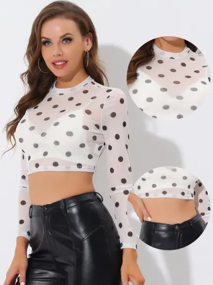 Allegra K- Semi-Sheer Blouse Heart Print Crop Mesh Top