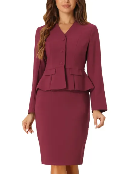 Allegra K - Collarless Peplum Blazer Skirt Business Suit