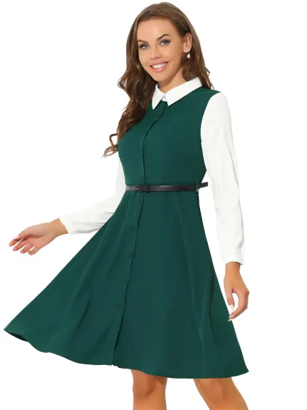 Allegra K- Button Front Dress Long Sleeve Contrast Collar Shirtdress