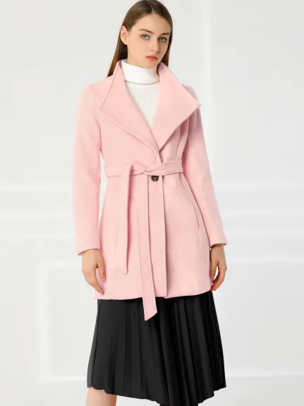 Allegra K- Classic Stand Collar Belted Long Coat