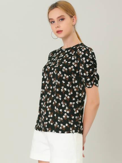 Allegra K- Floral Crew Neck Shirred Short Sleeve Blouse